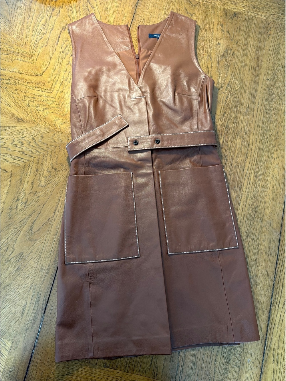 French Connection Brown Real Leather Sleeveless V-Neck Dress AS IS/Repair Needed